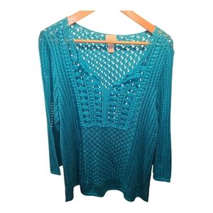 Chico's Sz. X Large Teal Open Knit Sweater